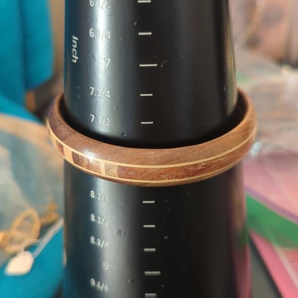 Two Wooden Bangle Bracelets One Carved with Swirl Pattern and One Inlay - Picture 4 of 5